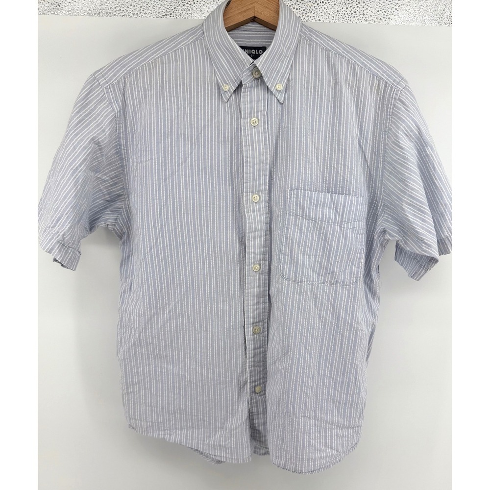 Y2K Uniqlo Mens Small Blue White Striped Cotton Short Sleeve Button Down Shirt - Picture 2 of 5